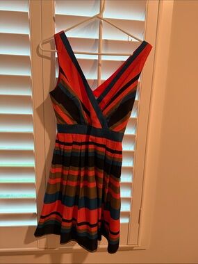 Minuet Petite Multicolor Striped V‑Neck Mini Dress in Red, Blue, Brown